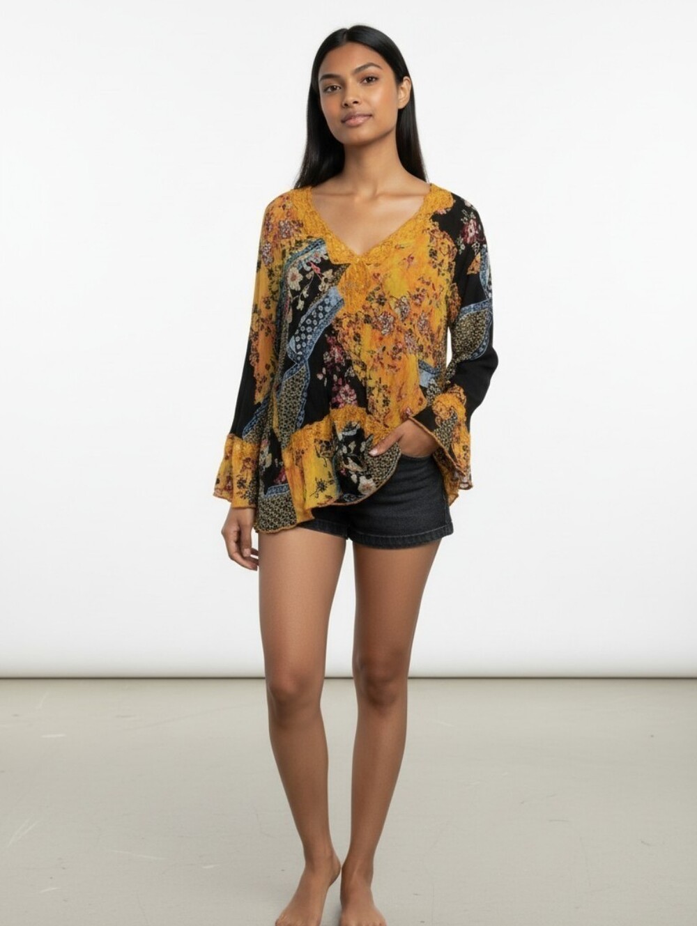 Jaipur Patchwork Floral Lace-Trim Blouse in Yellow, Black and Blue